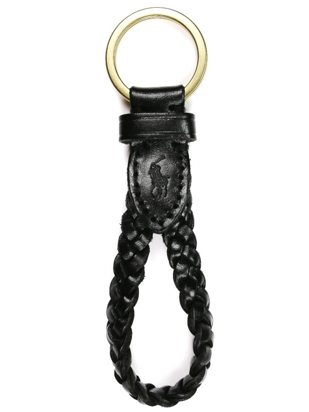 NWT Polo Ralph Lauren Braided Black Leather Keychain Key Fob Gold Tone